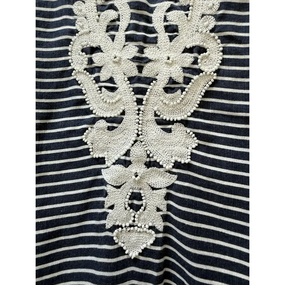 Talbots Womens Blue White Stripe Beaded Linen 3/4 Sleeve Petite XL PXL‎ Coastal